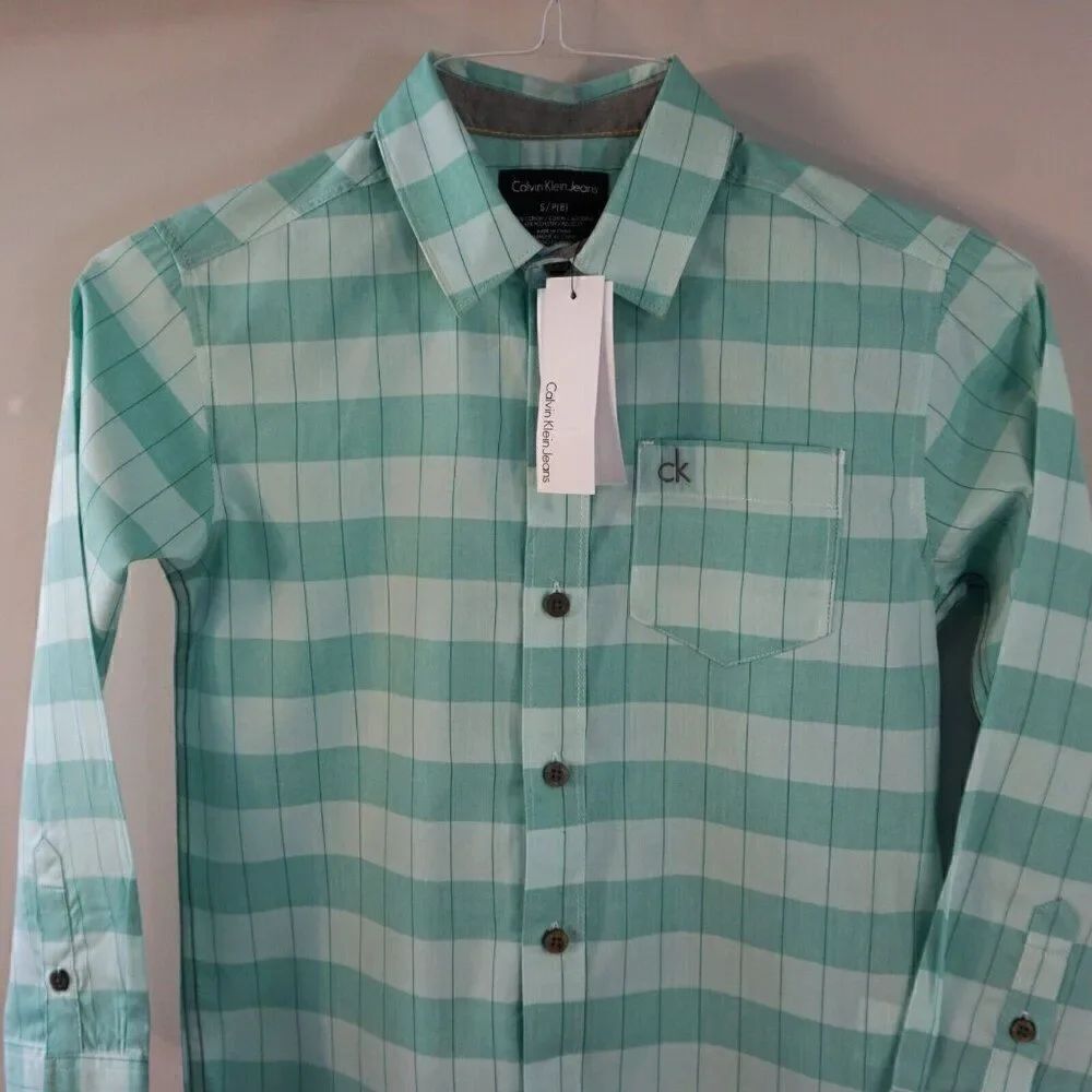 Calvin Klein Jeans Shirt Boys Sz 8 (S) Button Up Plaid Green White New Tags